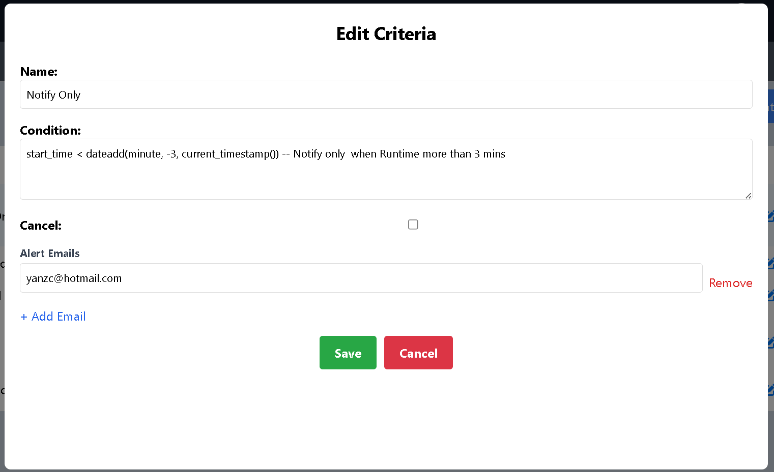 Query Alert Setup